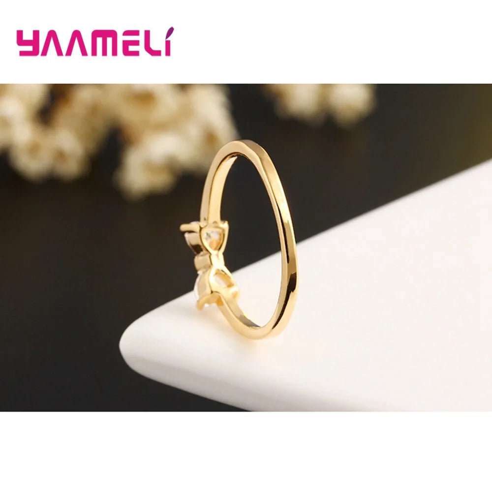 Luxury Austria Crystal Fashion 925 Sterling Silver Gold Color Bow Rings For Women Wedding Engagement Cubic Zirconia Jewelry