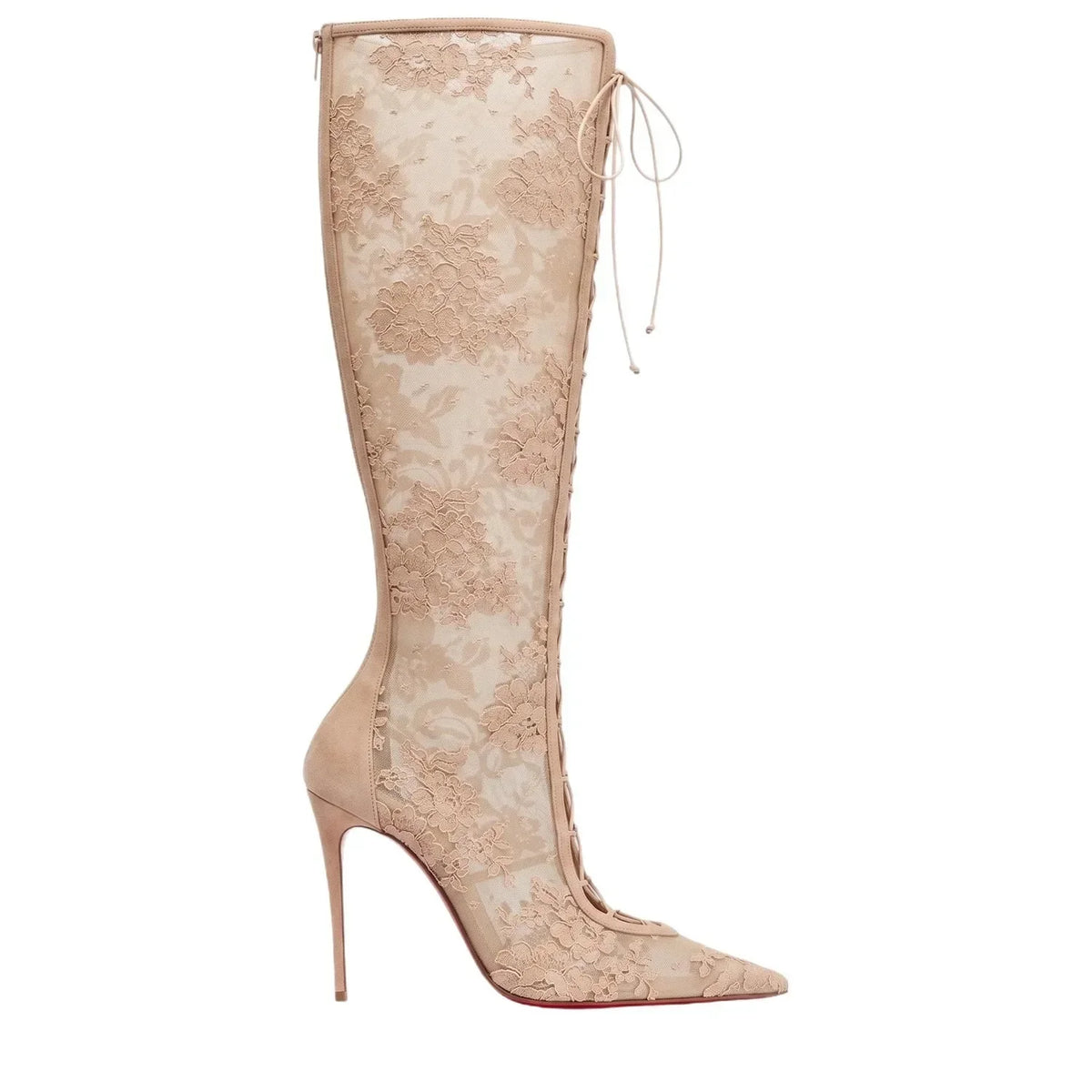 2026Spring and Summer Pointed Black Mesh Fine High Heels Knee Length Cool Boots Embroidered Lace Up Party Wedding Women's Boots