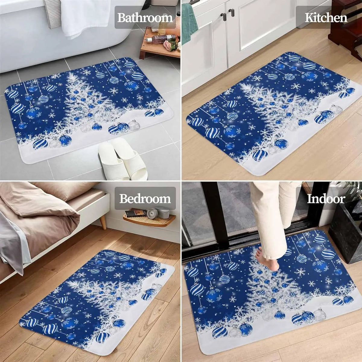 Merry Christmas Tree Snowflake Ball Navy Blue Non-slip Door Mat Entrance Welcome Mat Balcony Hallway Rugs Christmas Decorations