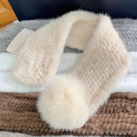 Mink Fur Scarf For Women Winter Warm Mink Fur Neck Warmer With Fox Fur Ball Double-Sided Real Fur Scarf Luxury Natural Fur Scarf