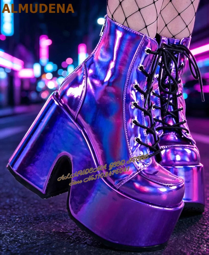 Hologram Purple Shiny Platform Ankle Boots Gothic Punk Lace Up Super Chunky Heel Short Booties Nightclub Dancing Shoes