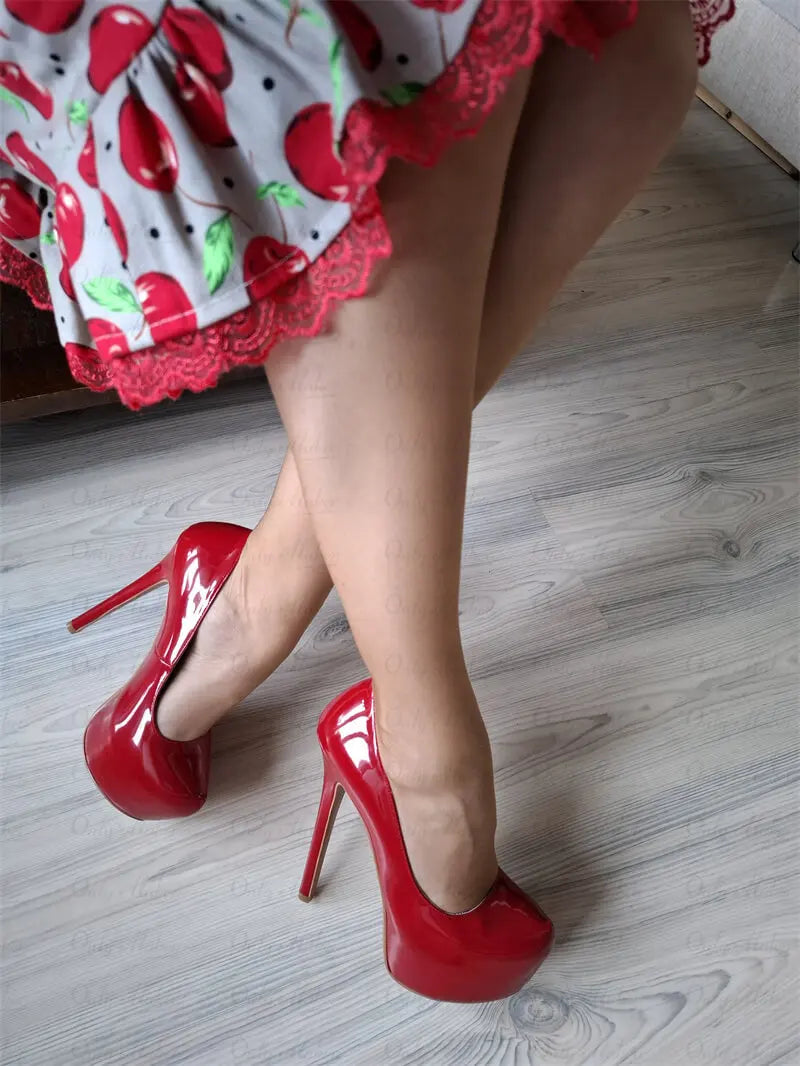 Onlymaker Women Platform Round Toe Pumps Slip On Stiletto Black Patent High Heels Wedding Party Plus Size Sexy Shoes