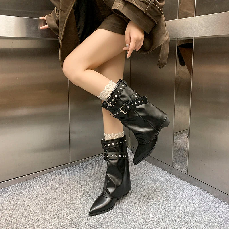 2025 Pointed Toe Women's Winter Boots Designer Mid Heels Elegant Shoes Pumps Fashion Boots New Trend Dress Gothic Ladies Boots