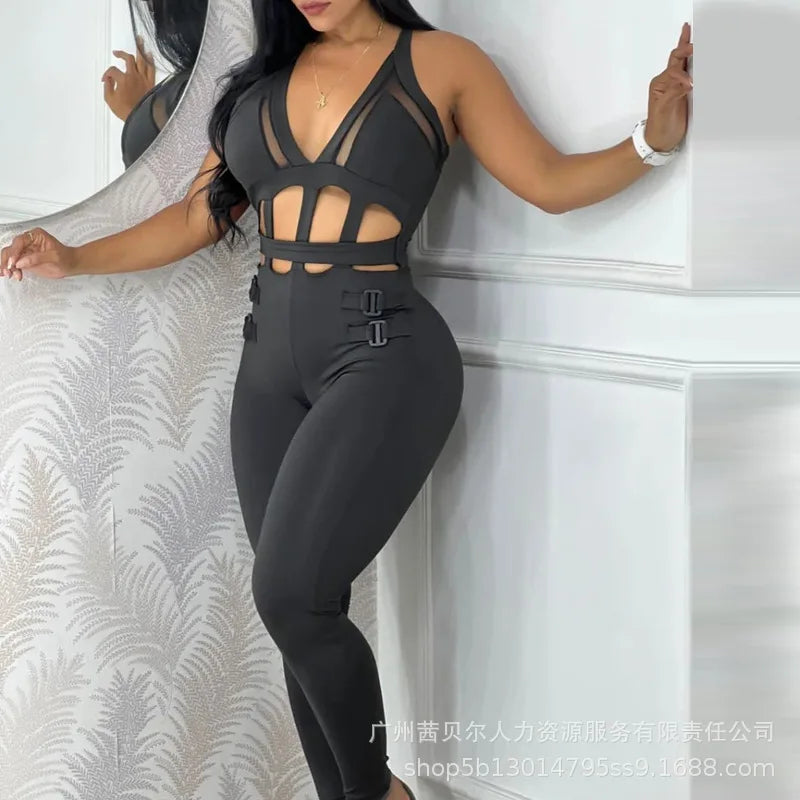Sexy White Hollow Out Tie Neck Bodysuit Jumpsuit Bodycon Overall Playsuit Spring Summer