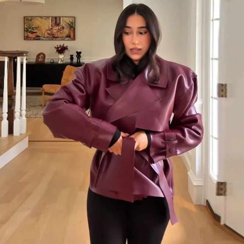 Women PU Leather Jackets Coats Solid Lapel Collar Lace Up Full Sleeve Loose Outwear Female Elegant Chic Daily Streetwear Coats