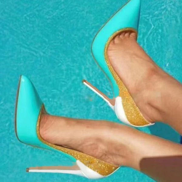 Mint Blue Red Patchwork Glitter Mixed Color Pumps Patent Leather Pointed Toe 12cm Stiletto Heels Wedding Shoes Women