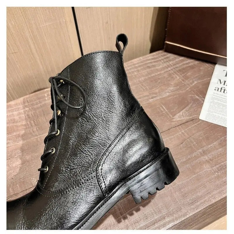 Fashion Cow Genuine Leather Motorcycle Boots Brogue Shoes Retro High Big Head Men's Mid-calf Chelsea Boots For Men Brown