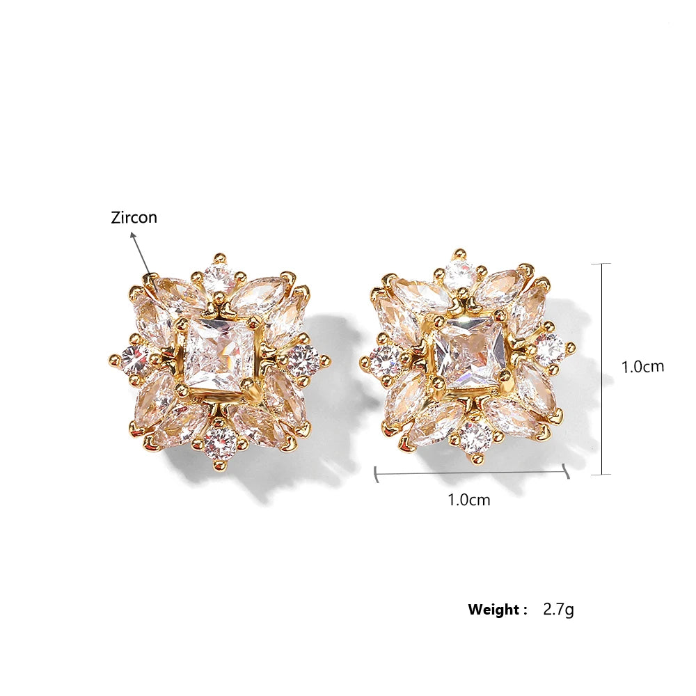 ZAKOL Luxury Flower Square Zirconia Stud Earrings For For Women Girls Gold Color Metal Crystal Ears Jewelry Wedding Festival