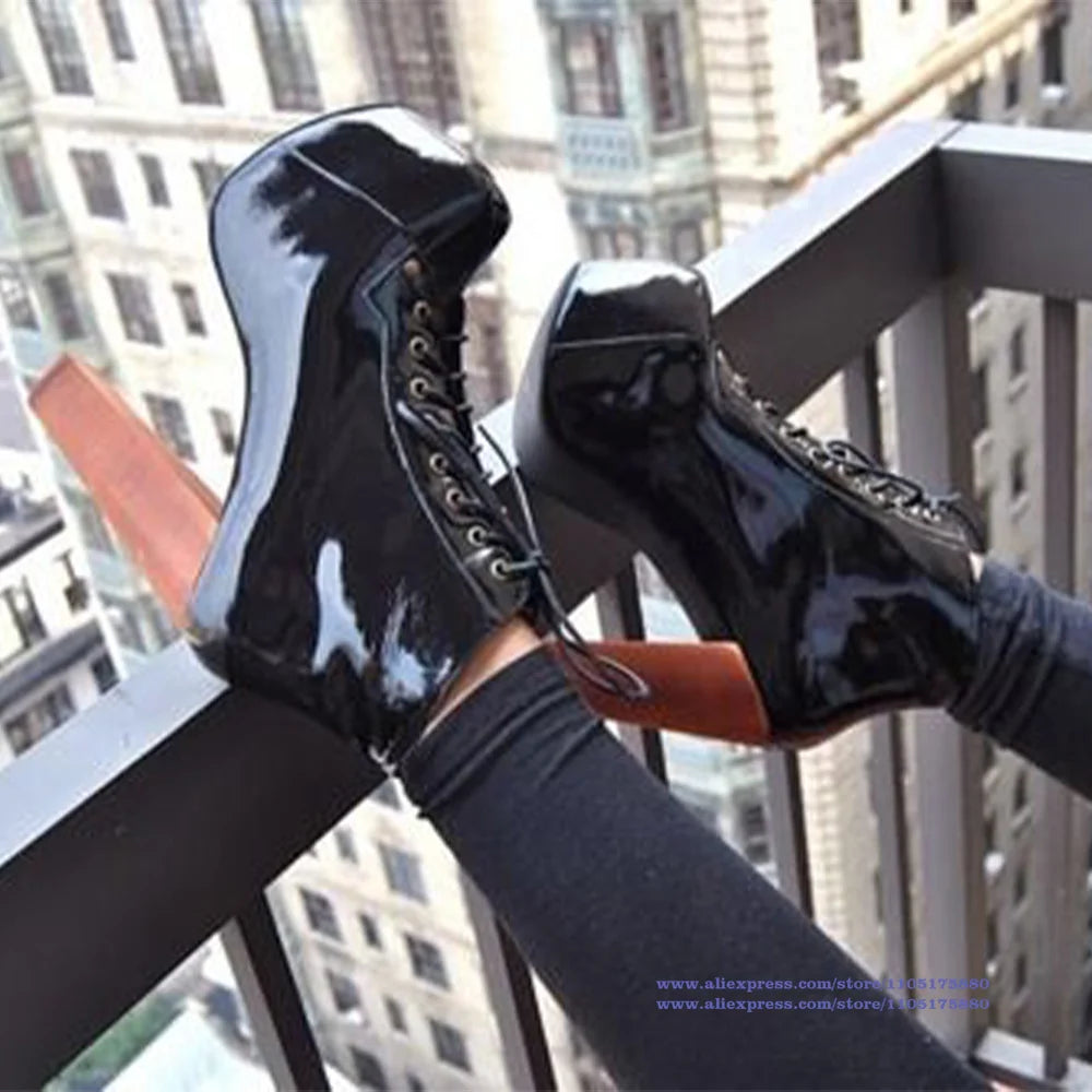Platform Block Heel Ankle Boots Women Black Patent Leather High Heel Lace Up Booties Elegant Women's Boots Handmade Botas Mujer