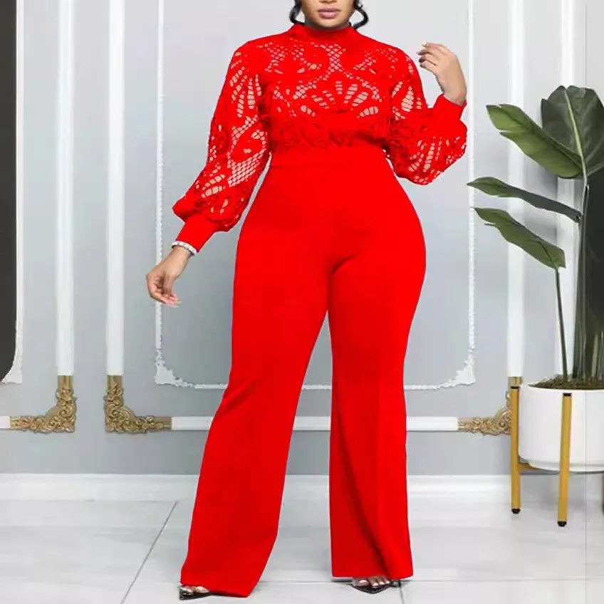 Temperament commuter Slim women's plus size dress mesh lace lace casual jumpsuit trousers