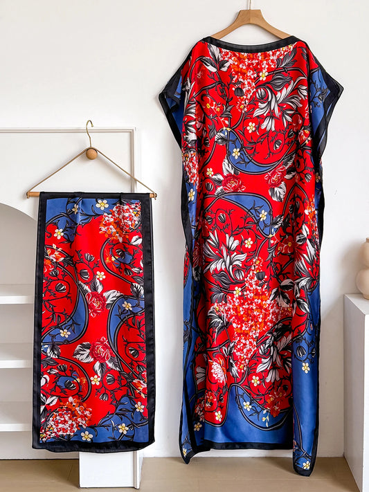 Vintage Curly Vine Floral Print Satin Abaya Scarf Set, Loose Batwing Kaftan For Muslim Women Summer Daily Beach Holiday Wear