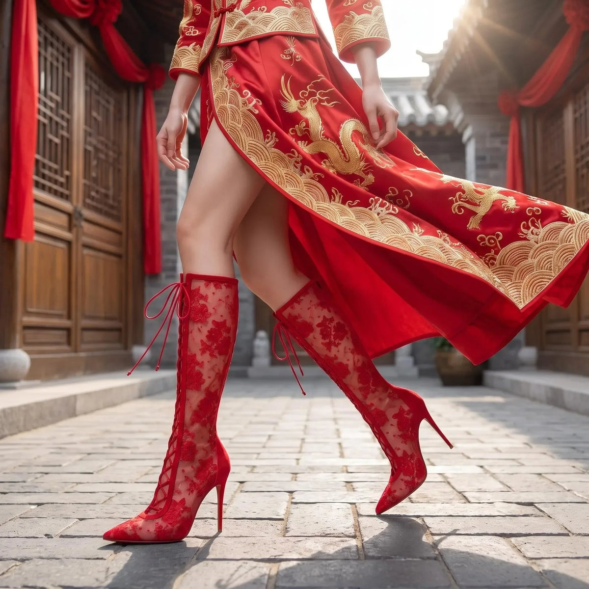 2026Spring and Summer Pointed Black Mesh Fine High Heels Knee Length Cool Boots Embroidered Lace Up Party Wedding Women's Boots