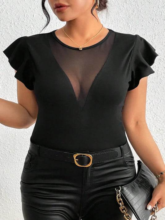 Women Plus Size V-Neck High-Stretch Solid Color Patchwork Ruffle Sleeve T-shirt, Concert Outfit Rave Outfits Festival