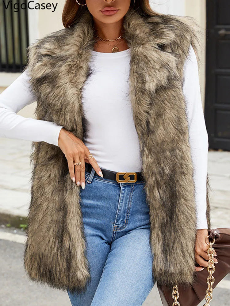 VigoCasey 2026 Autumn Winter Sleeveless Thick Faux Fur Vest Coat Woman Khaki Plush Warm Waistcoat Lady Casual Fluffy Vest Jacket