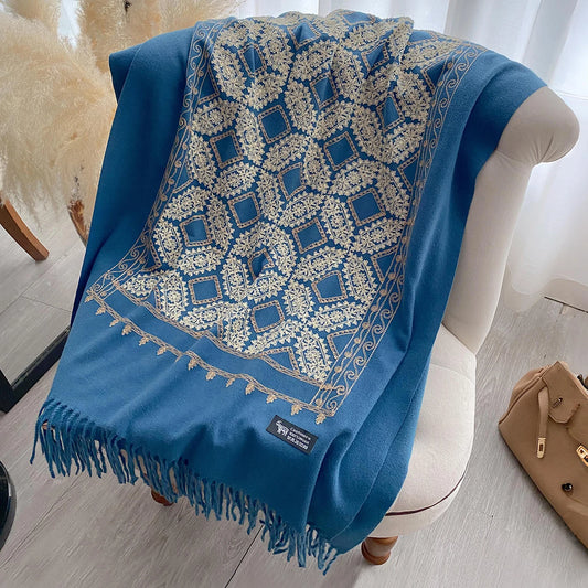 2025 Autumn Winter Warm Scarf Women Luxury Embroider Flower Bufanda Big Size Scarves Imitation Cashmere Poncho Female Pashmina