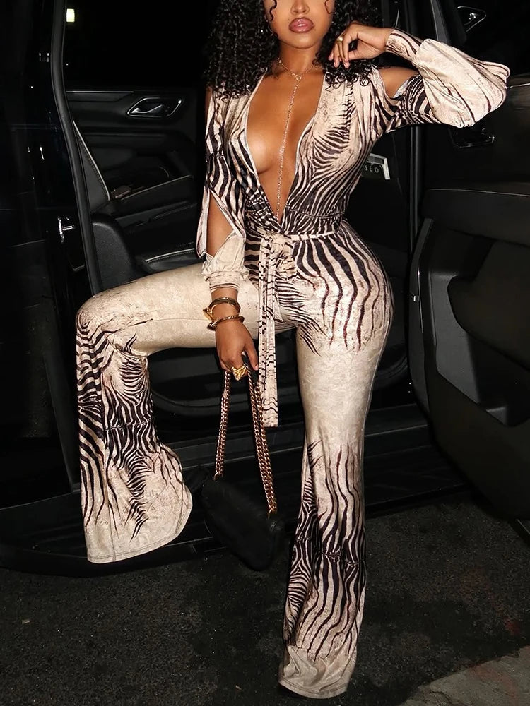 Nibber Deep V-Neck Jumpsuit Woman Stripe Patchwork Flared Hollow Full Sleeve Street Off Shoulder Sexy Fashion Style Overalls