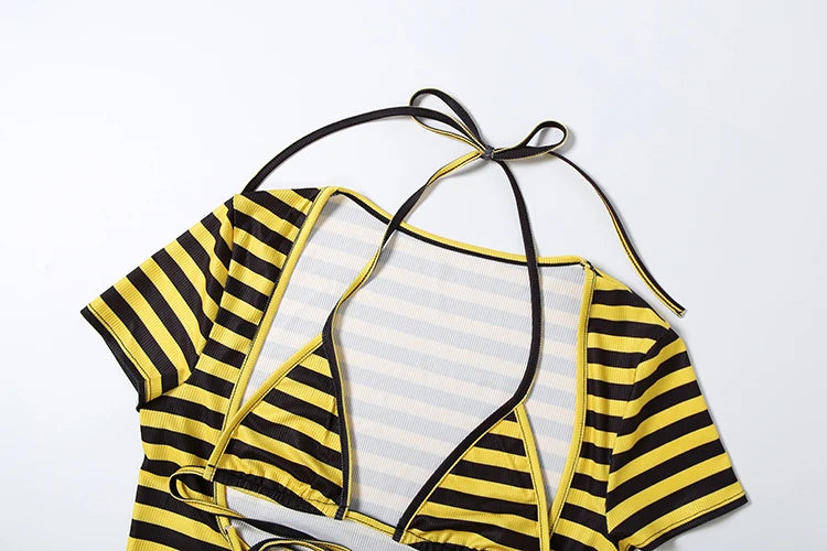 Nibber Bikini Suit Woman Stripe Patchwork Lace-Up Halter Bra Tops+Low-Neck Short Sleeve T-Shirt+Mini Shorts Sexy 3 Piece Set
