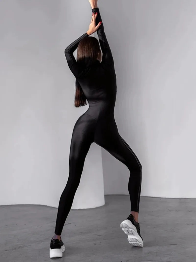 Krisnanas Woman's Clothes Black Jumpsuits Long Sleeve Side Patchwork Striped Zipper Collar Skinny Sporty Yoga Jumpsuit 106346