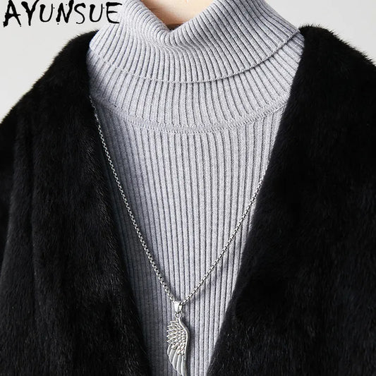 AYUSNUE Natural Whole Mink Fur Coat Men Clothing Fashion Winter Jacket Warm Real Fur Coats Male Long Sleeve زبر حقيقي للرجال