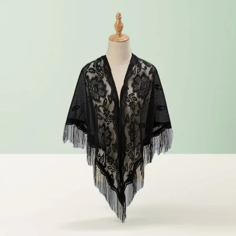 Floral Lace Tassel Triangle Shawl Wrap Sheer Hollow Fringe Poncho Cover Up Women Elegant Cape Stole Wedding Party Evening Dress