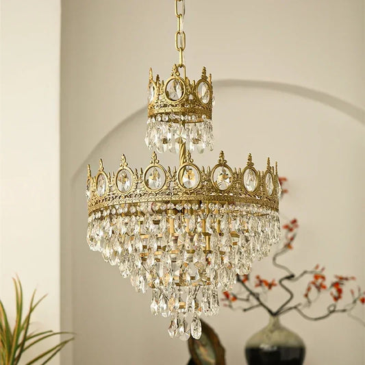 Modern Luxury Chandelier LED Crystal Vintage French Pendant Lamps for Living Dining Table Room Golden Crown Lighting Home Deocr