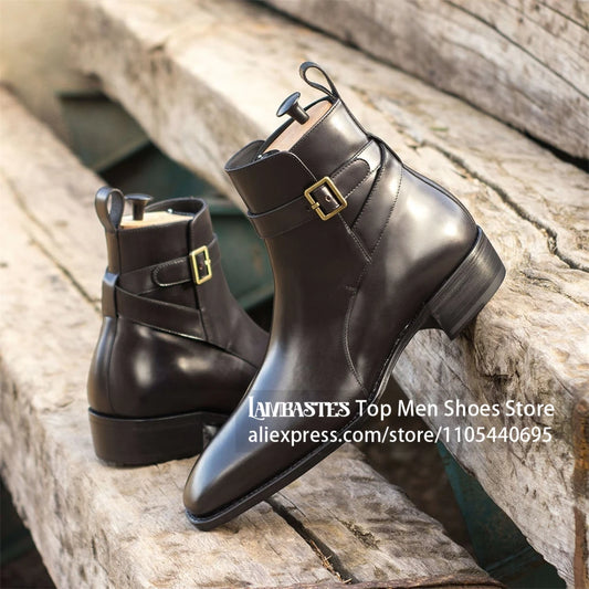 Suede Buckle Strap Ankle Boots Suede Leather Side Buckle Casual Dress Boots Vintage Suede Low Block Heel Pull On Boots for Men