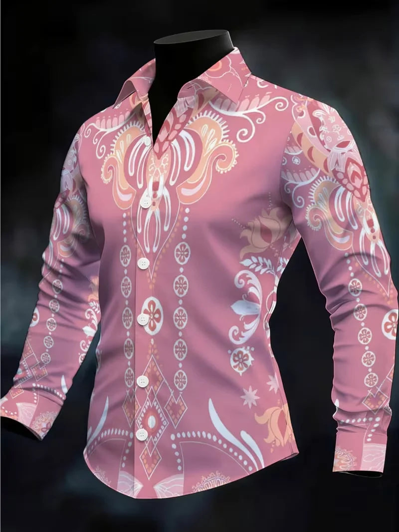 New Men's Purple Gold Phoenix National Style Curly Grass 3D Printed Long Sleeve Shirt Smooth High Gloss Collar Top