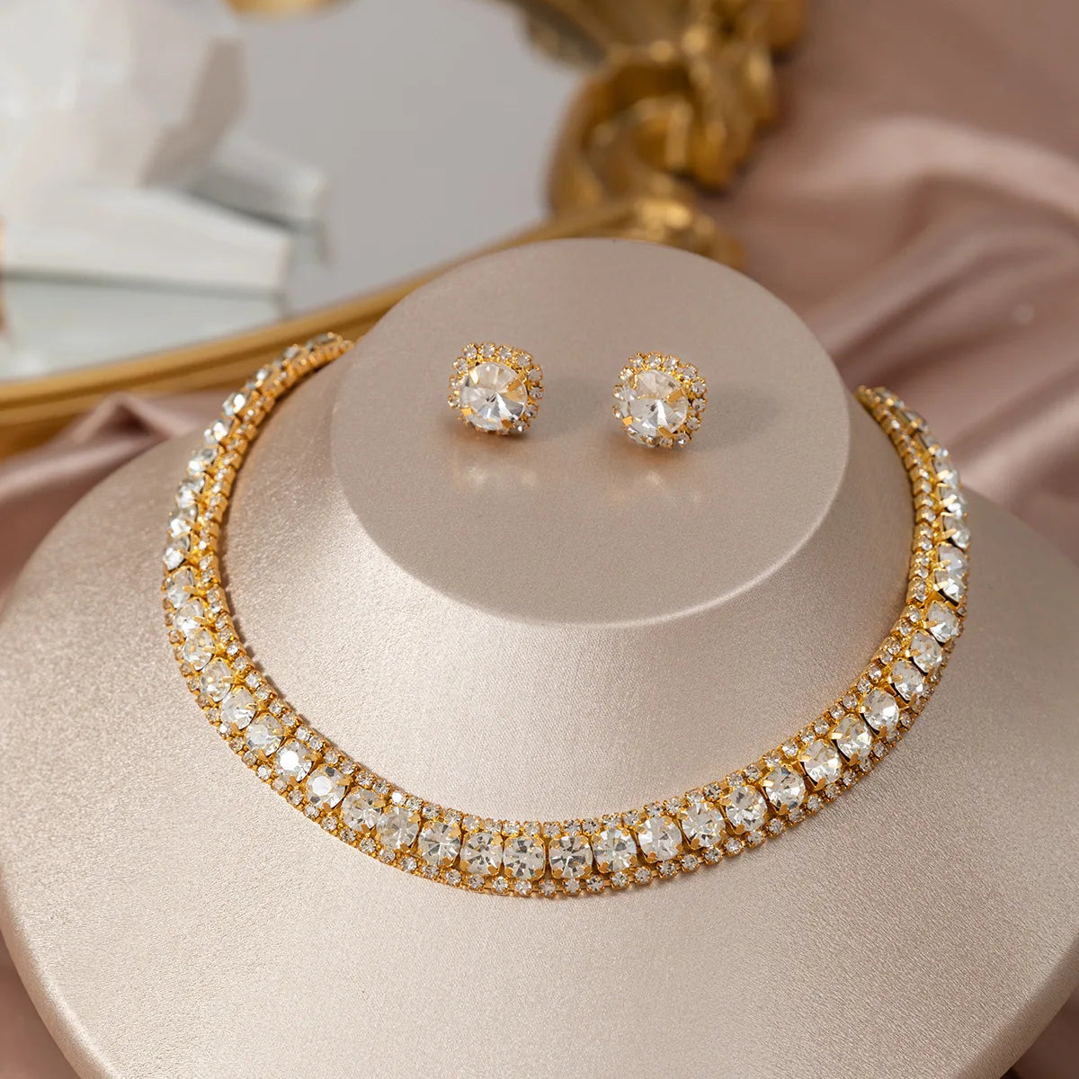 FYUAN Luxury Crystal Necklace Earrings Set Pink ABcolourful Necklace for Women Weddings Party Jewelry Sets Accessories