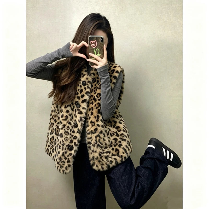 Faux Fur Y2K Leopard Vest Women Loose Vintage Winter Warm O Neck Streetwear Vests Casual Harajuku American Retro Lady Vest Coat