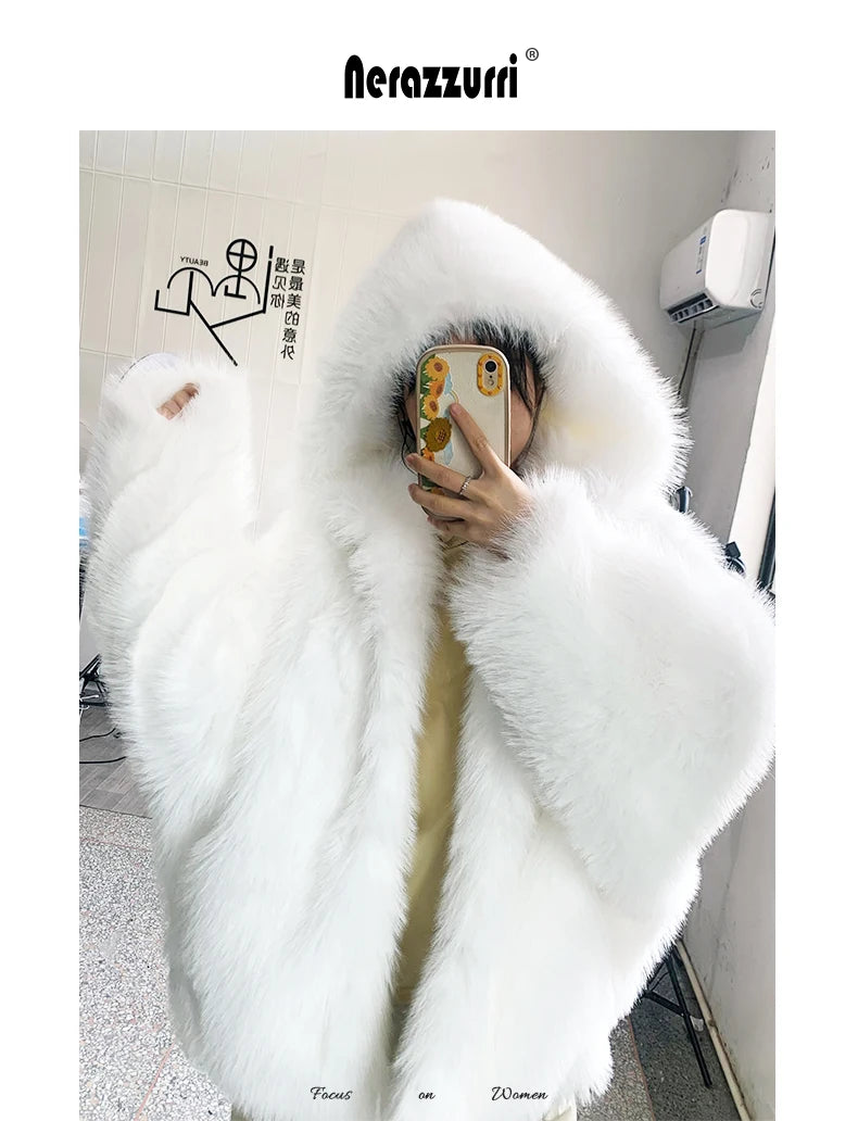 Nerazzurri Autumn Winter Oversized White Black Warm Shaggy Hairy Faux Fur Coat Women with Hood Loose Casual Fluffy Jacket 2023