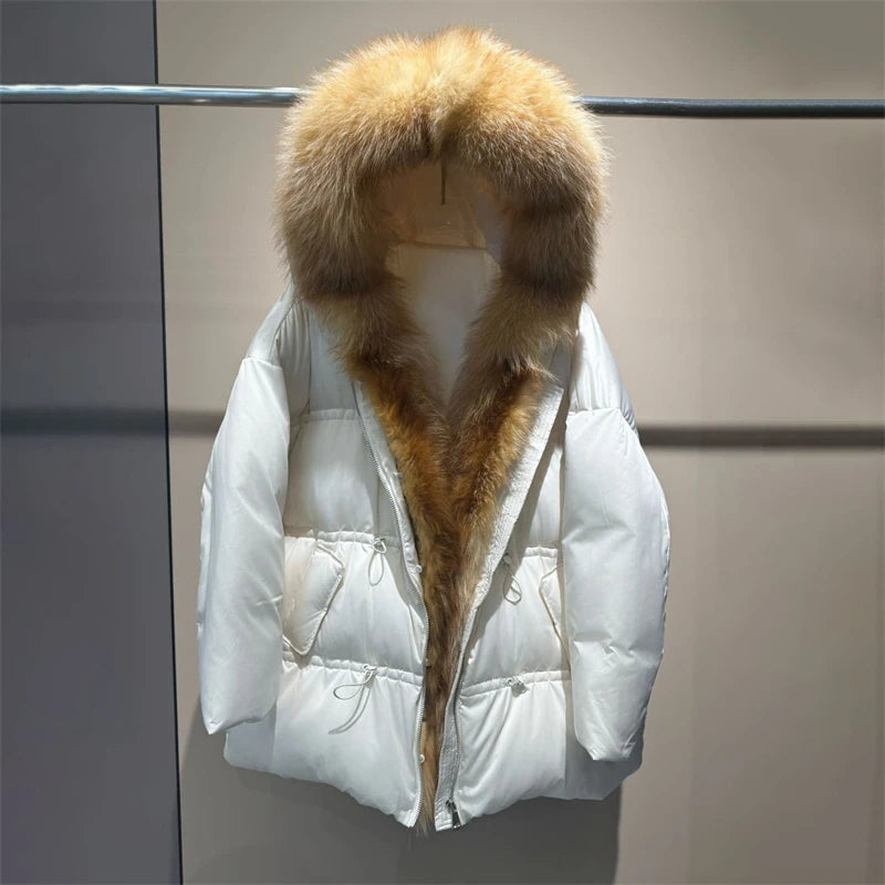 Winter New Arrival Women's Long down Jacket withLargeFox Fur Collar Fashionable Waist-Cinching Drawstring Loose Goose down Coat
