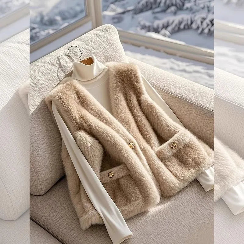 Women Faux Lamb's Wool Fur Vest New Autumn Winter Soft Warm Imitation Mink Sleeveless Fur Jacket Lady V-Neck Casual Waistcoat