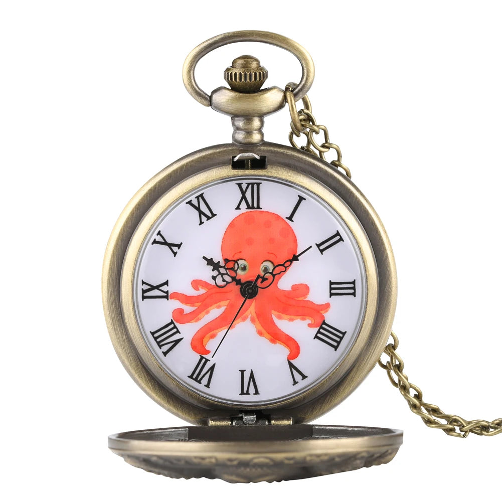 Retro Octopus Pattern Quartz Pocket Watch Arabic Numerals Dial Necklace Pendant Clock Vintage Fashion Timepiece Gift Unisex