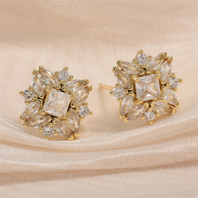 ZAKOL Luxury Flower Square Zirconia Stud Earrings For For Women Girls Gold Color Metal Crystal Ears Jewelry Wedding Festival