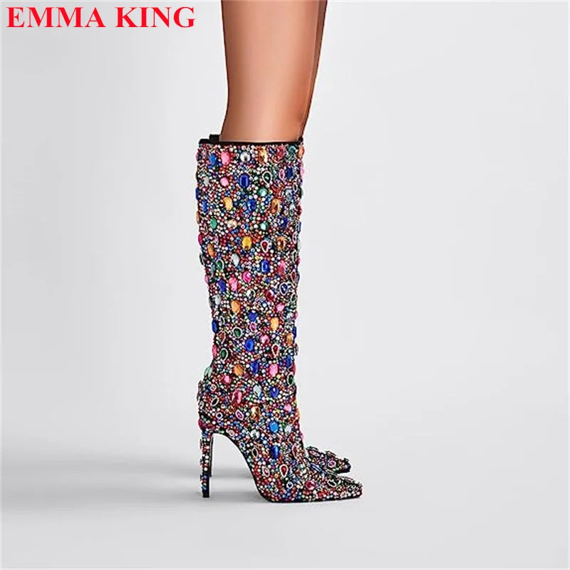 Women Fall Rhinestone Stud Knee High Boots Mixed Color Bling Pointed Toe Female Boots Luxury Designer High Heels Party Shoes