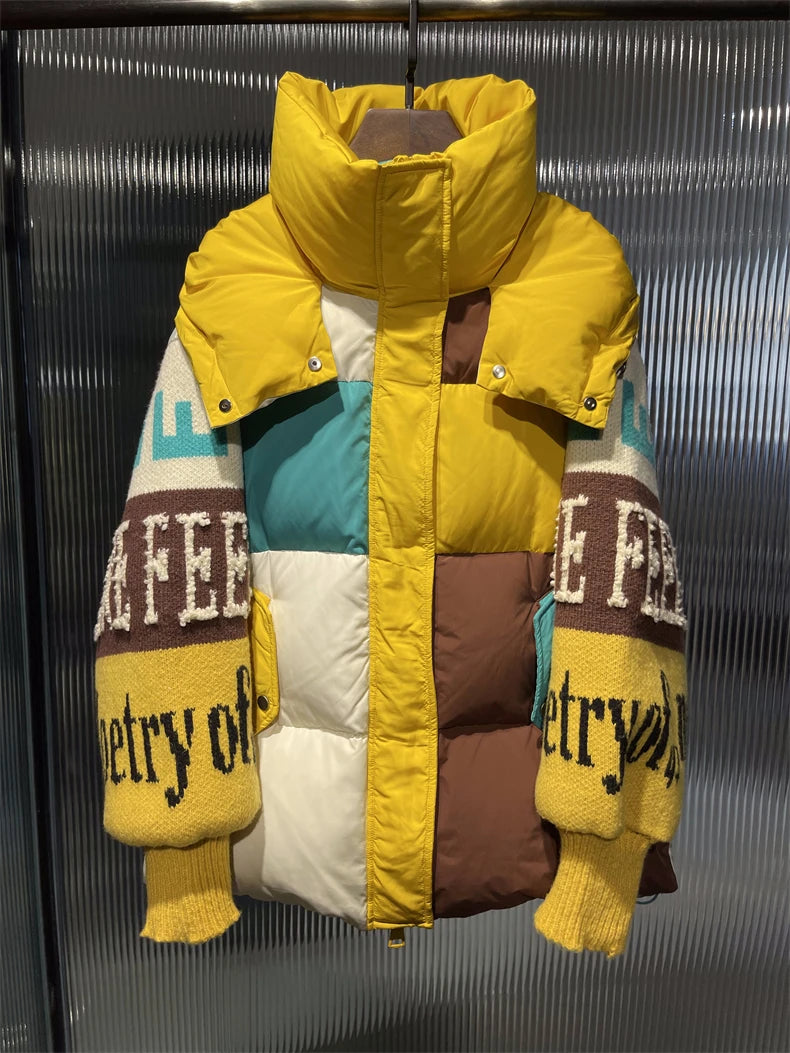 Streetwear Letter Stitching Fashion Down Jacket Women's New Hooded Parka Loose Winter Down Coat Female Thick Casual Warm Clothes