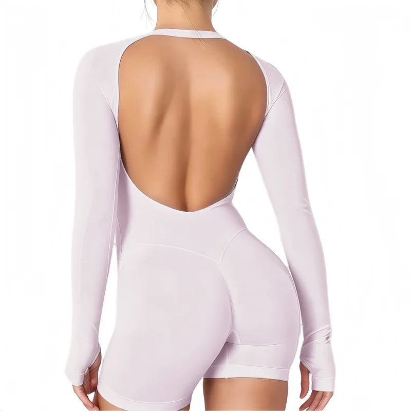 HISTELLO Impact Long Sleeve One Piece Jumpsuit Women Backless Slim Fit Elastic Tummy Control Yoga Gym Sports Workout Bodysuit