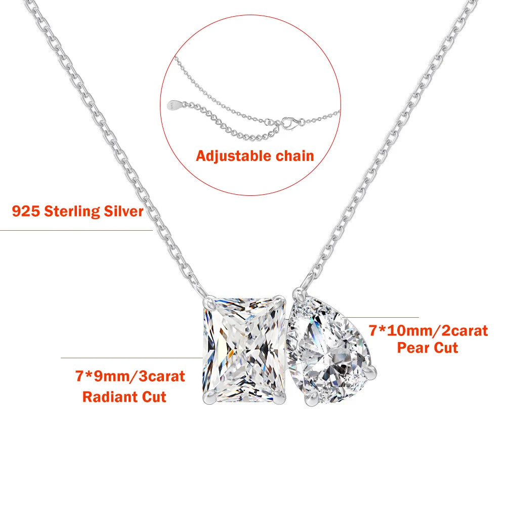 5cttw Radiant/Emerald Pear Cut Moissanite Diamond Pendant Necklace for Women Certified 925 Silver 2-Stone Clavicle Neckchain