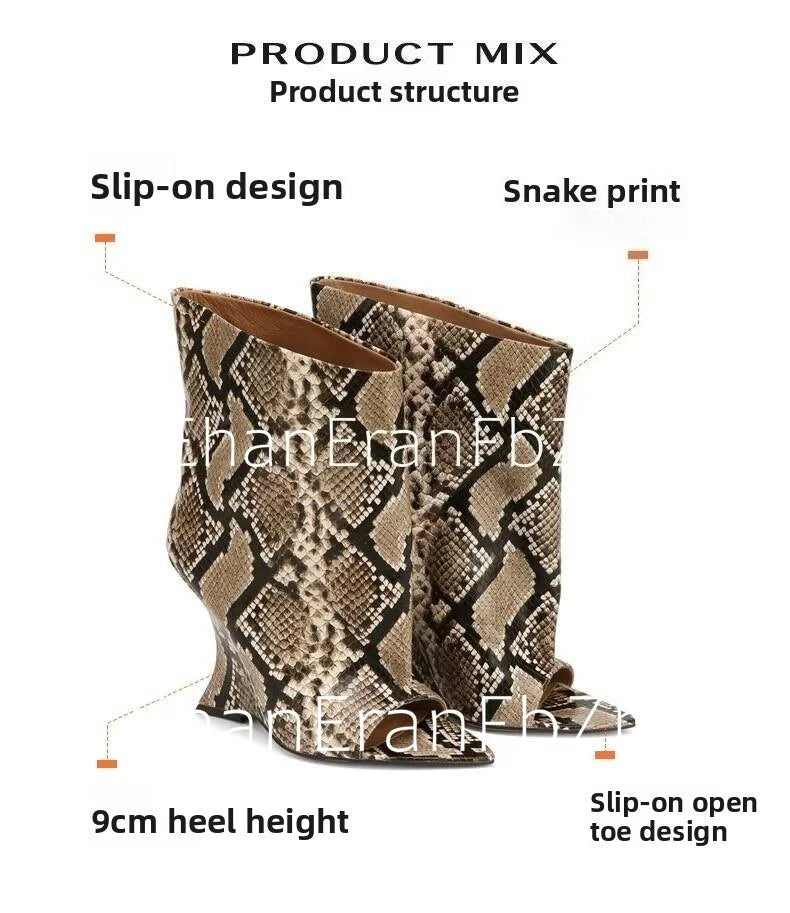 2006SoleLadies'-Spring/Summer-New-Fish-Mouth-Slope-High-Heel-Short-Boots-with-Pointed-Toe-Exposed-Cool-Boots,-Mid-Top-Boots