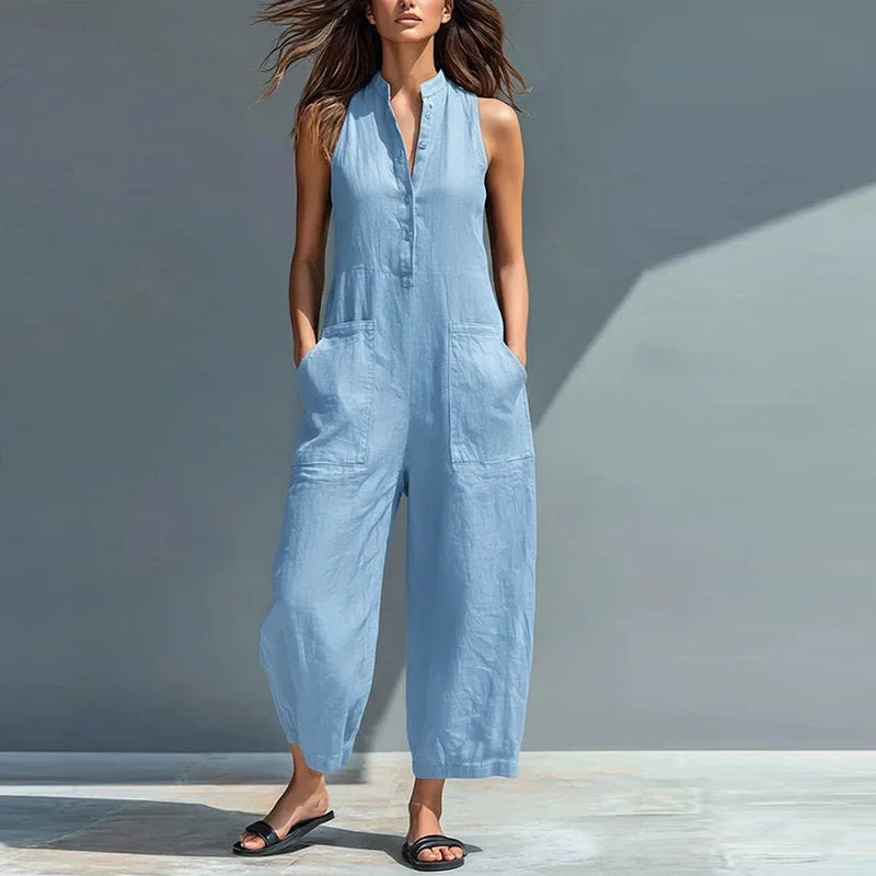 Summer Sleeveless Jumpsuit Women V Neck Solid Color Pocket Cotton Linen Long Pants Jumpsuits Women Romper Commuting Playsuits
