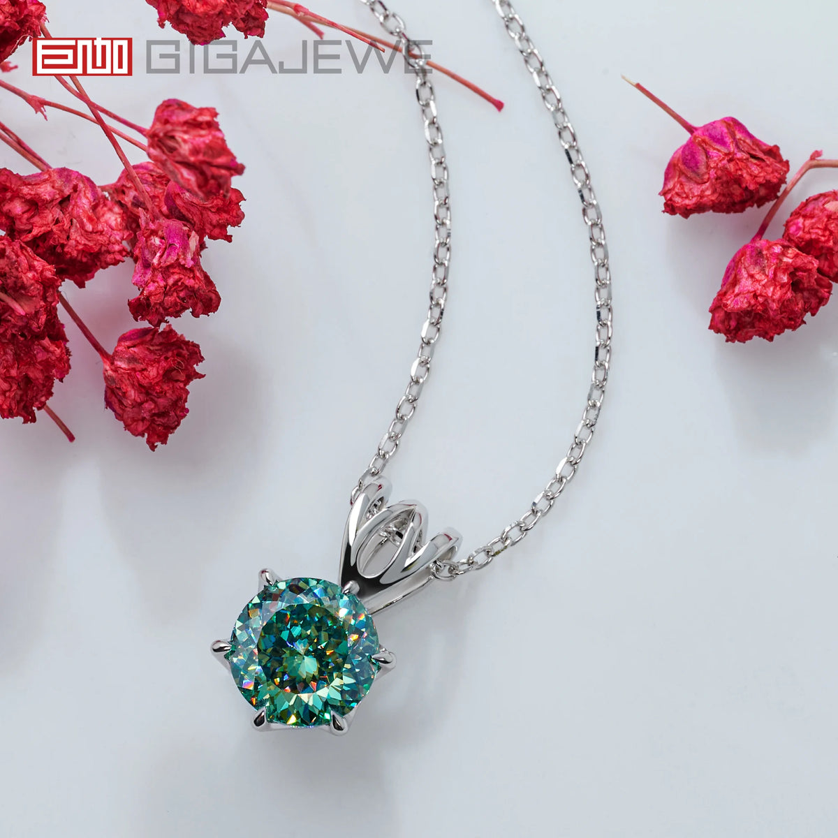 GIGAJEWE 9.0mm 3.0ct Portuguese Cyan Color VVS1 Moissanite 925 Silver Christian Religious Cross Pendant Necklace Woman Girl Gift