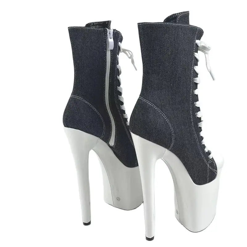15 17 20cm Super High Nightclub Platform Heels Strappy Canvas Women's Ankle Boots Sexy Round Toe Pole Dance Shoes Ladies Boots
