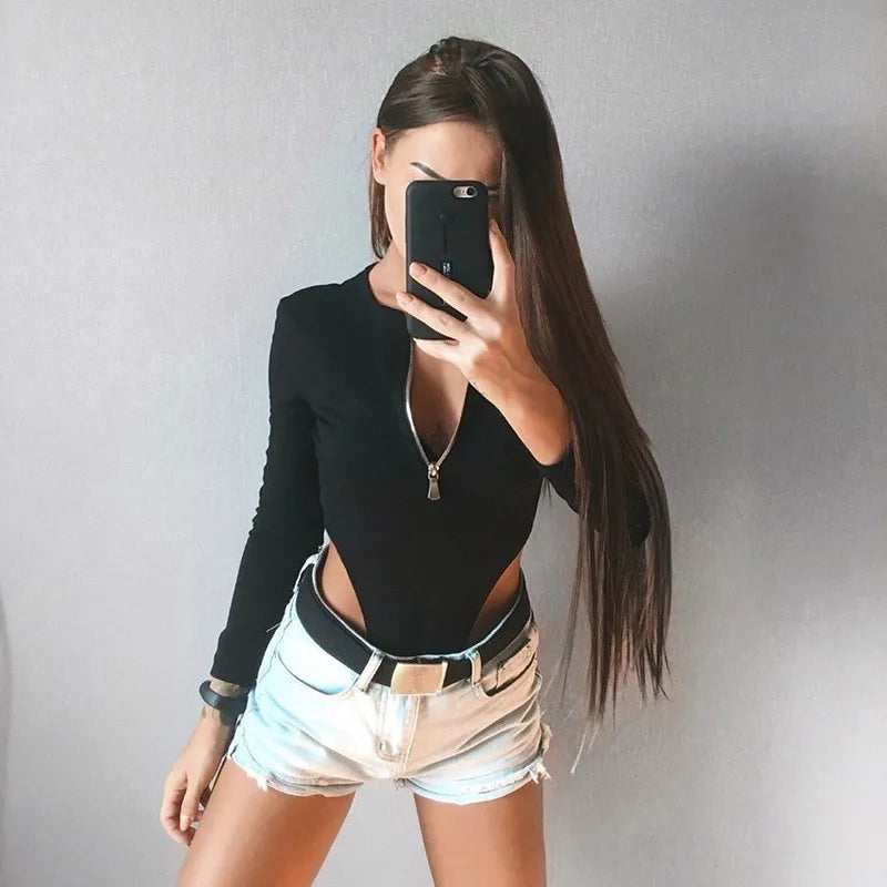 Autumn New Zipper Long Sleeved Jumpsuit High Waist Slimming and sexy Elastic Slim Fit Top Women's Clothing