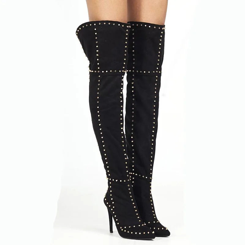 Sexy Green Blue Suede Gold Studs Women Over The Knee Boots Ladies High Heel Thick Slip On Point Toe Rivets Motorcycle Botas