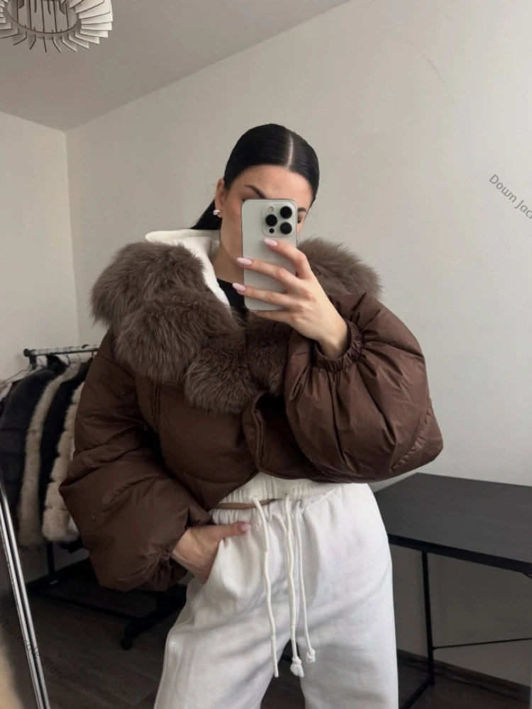 Winter Female White Duck Down Jacket Luxury Loose Short Fashion Casual Women Warm Real Fox Fur Coat Long Sleeve Puffer Jacket