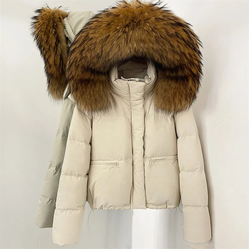 women's winter down jacket 2026 new detachable fox fur collar hooded women's down coat White duck down filled warm thick coat