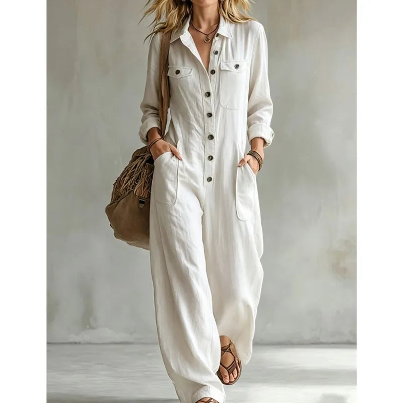Autumn Simple Solid Women's Jumpsuit Fashion Button Half Open Design Loose Lapel Jumpsuits With Pocket Ladies Office Clothing