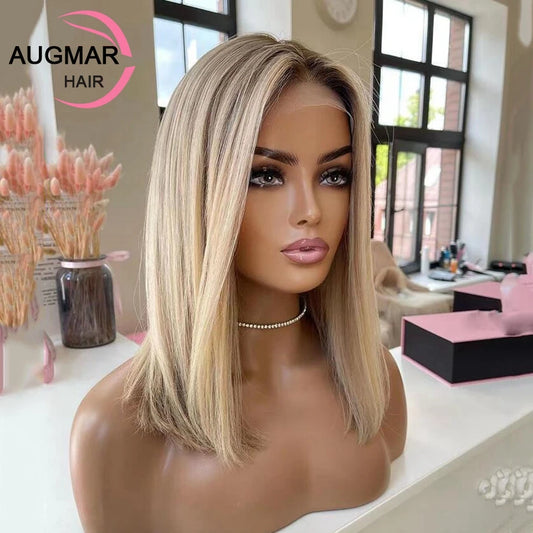Ash Blonde 360 Lace Front Wig Brown Highlight Bob Wig Human Hair 13x6 HD Lace Frontal Wig Straight Lace Front Human Hair Wig