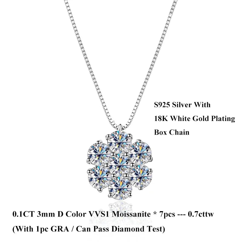 Luxu Flower Full 3/4/5mm D Color Moissanite Pendant Necklace for Woman Man 925 Silver GRA Certified 7-Stone Diamond Neck Chain
