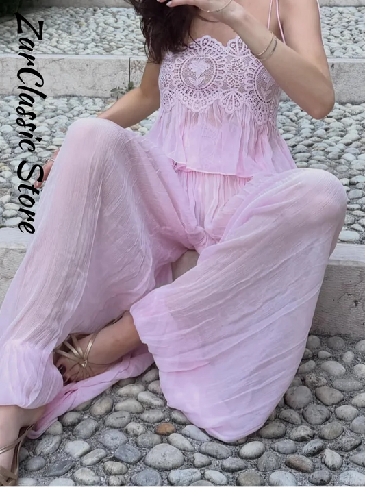 Beach Pink Lace Spliced Women's Set Summer See Through Strap Tank Top Pleated Lantern Pants Sets Lady New Casual Vacation Outfit